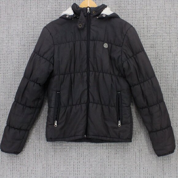 Element Skateboards Puffer Quilted Jacket Womens Medium M Black Full Zip Hooded - Picture 1 of 9